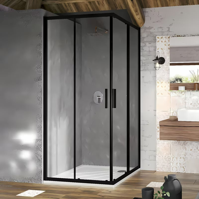 Kwadratowy narożny kabina prysznicowa Ravak Blix Slim 90x90 cm w kolorze czarnym, z przezroczystym szkłem i drzwiami przesuwnymi.