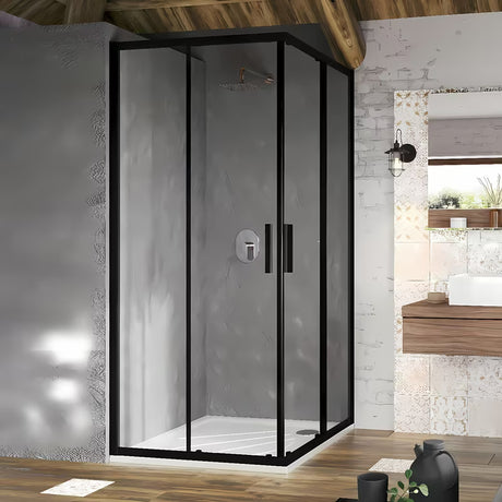 Kwadratowy narożny kabina prysznicowa Ravak Blix Slim 90x90 cm w kolorze czarnym, z przezroczystym szkłem i drzwiami przesuwnymi.