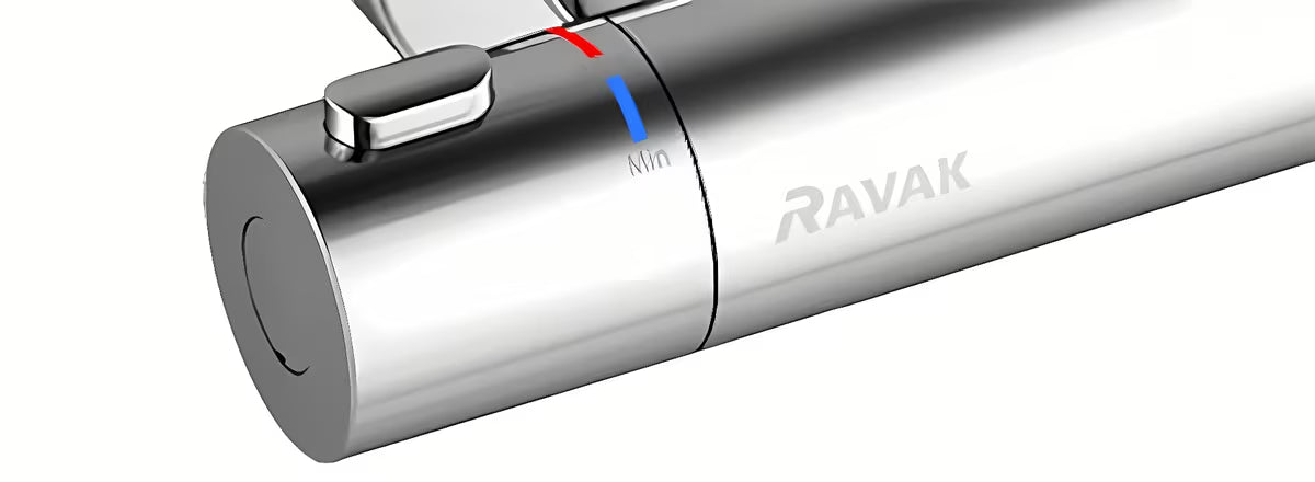 Chromowana ścienna termostatyczna bateria prysznicowa Ravak Termo z blokadą 38 °C i technologią CoolFeel
