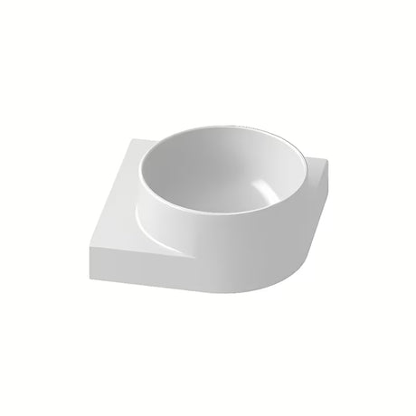 Biała ceramiczna narożne mała umywalka Ravak Yard bez przelewu z półką i otworem na baterię pro.