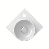 Biała ceramiczna narożne mała umywalka Ravak Yard bez przelewu z półką i otworem na baterię pro.
