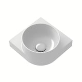 Biała ceramiczna narożne mała umywalka Ravak Yard bez przelewu z półką i otworem na baterię pro.