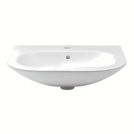 Biała wiszące ceramiczna umywalka Roca Nexo z przelewem i otworem na baterię pośrodku