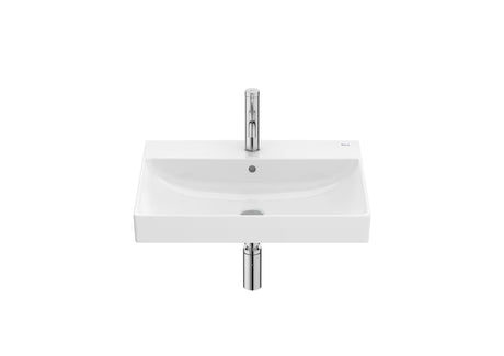 Biała umywalka wisząca Roca Ona 60x46 cm z ceramiki Fineceramic® z centralnym otworem na baterię pro i przelewem.