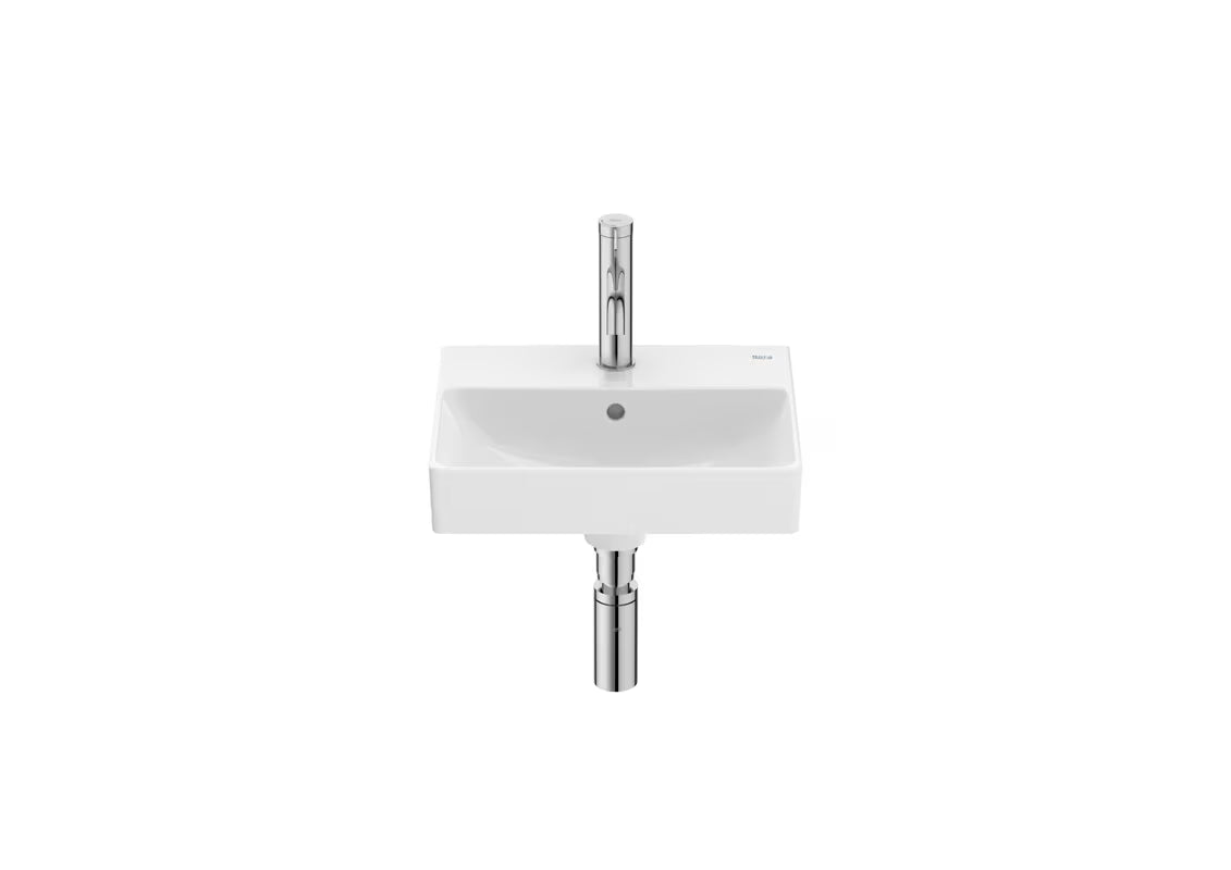 Biała mała umywalka Roca Ona 40x32 cm z Fineceramic® z centralnym otworem na baterię pro i zintegrowanym przelewem.