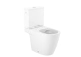 Biały miska WC stojąca kompakt Roca Ona bez układu spłukującego z vario odpływem i technologią Roca Rimless®.