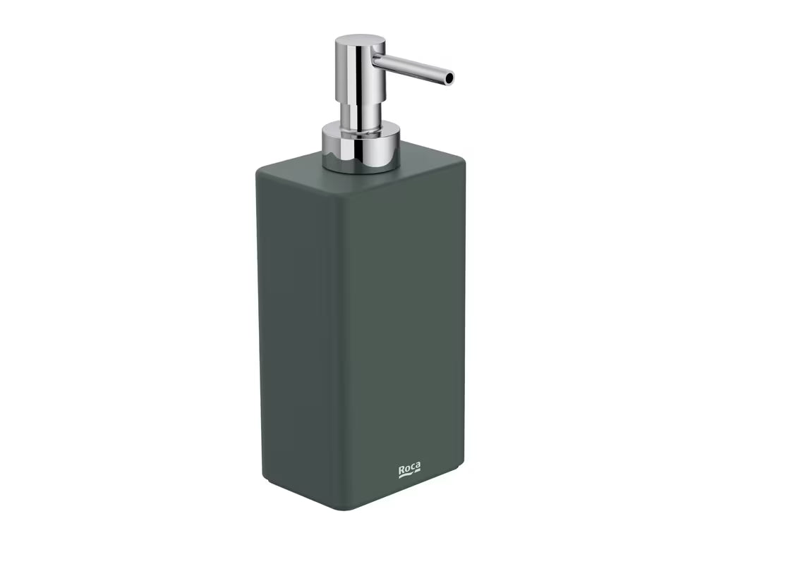 Wolnostojący  dozownik do mydła Roca Ona w matowym zielonym kolorze z tworzywa ABS o pojemności 200 ml.