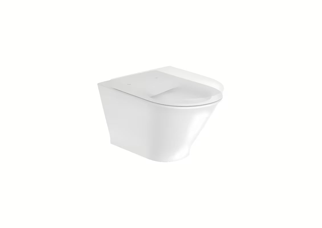 Biała miska WC wisząca Roca The Gap z technologią Rimless i błyszczącą, szkliwioną powierzchnią.