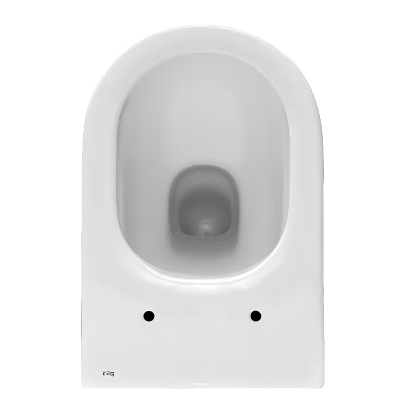 Biała miska WC wisząca Roca The Gap z technologią Rimless i błyszczącą, szkliwioną powierzchnią.