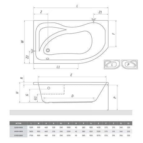 Roth Activa asymetryczna narożna wanna akrylowa prawa 150x90 cm