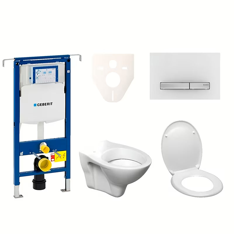 Zestaw WC podtynkowy S-Line Pro z modułem Geberit Duofix, deską i przyciskiem spłukującym Sigma 50 w kolorze białym.