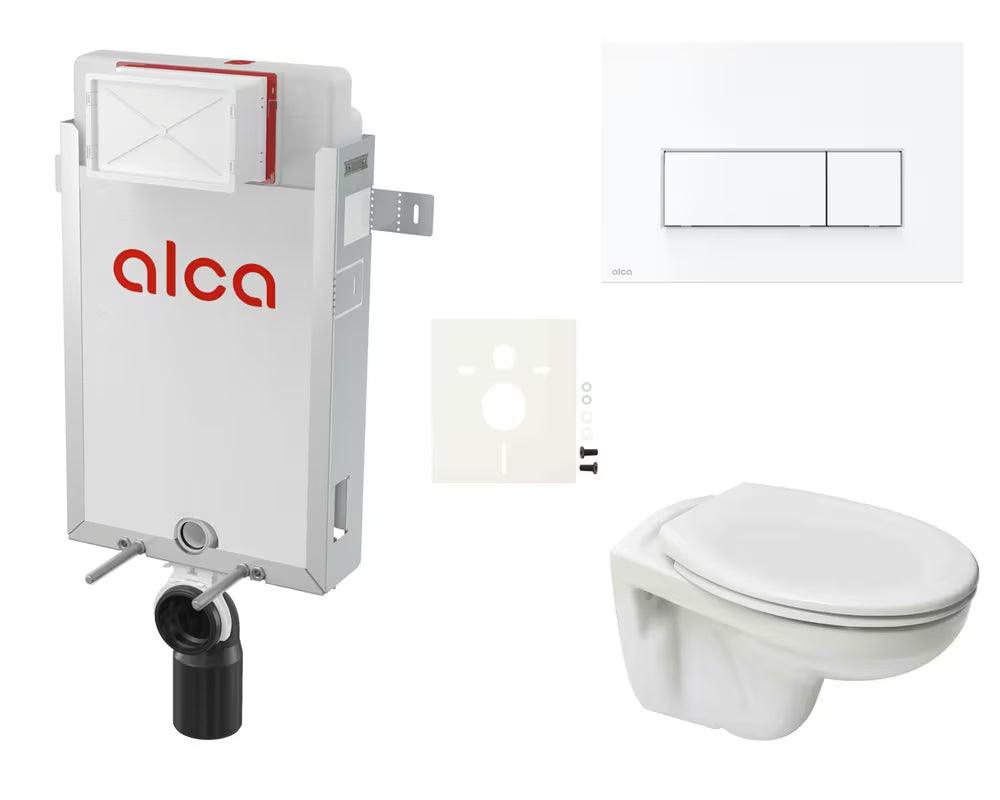 Zestaw WC podtynkowy S-Line Pro z modułem do zabudowy, zintegrowanym zbiornikiem i białym przyciskiem spłukującym.