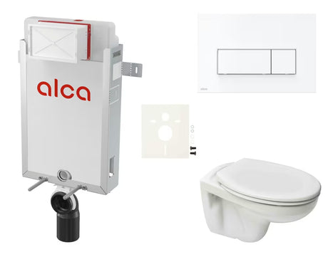 Zestaw WC podtynkowy S-Line Pro z modułem do zabudowy, zintegrowanym zbiornikiem i białym przyciskiem spłukującym.