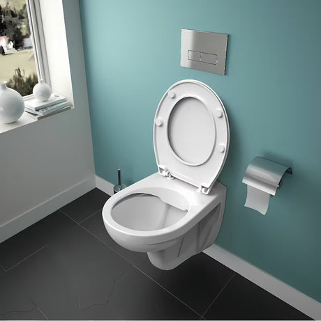 Biały miska WC wisząca SIKO S-Line Pro bez układu spłukującego z odpływem poziomym.