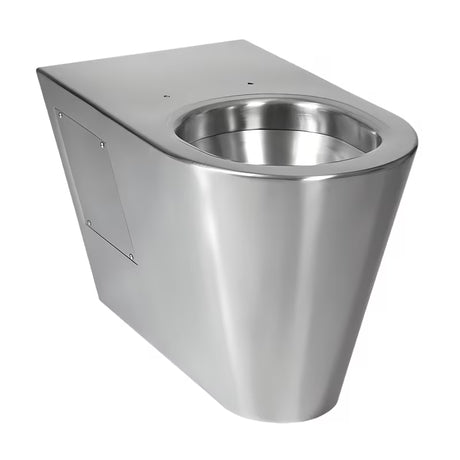 Nierdzewne antywandalowe miska WC stojąca Sanela Supersteel o matowej powierzchni pro do obiektów o dużym natężeniu użytkowania.