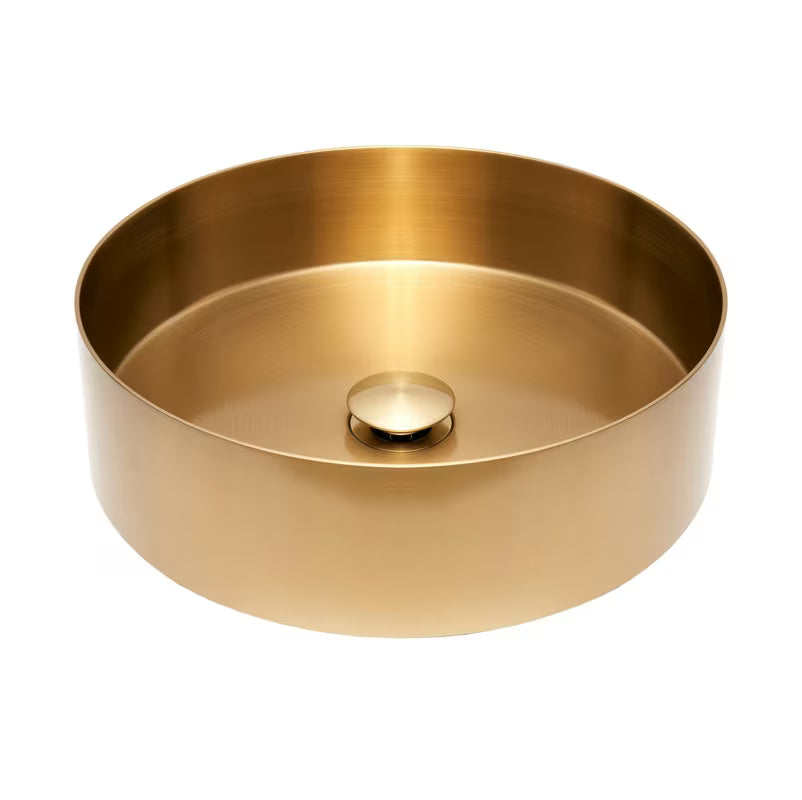 Okrągłe umywalka nablatowa  SAT Aurum 38 cm w kolorze szczotkowanego złota cool sunrise, z cienkimi ściankami