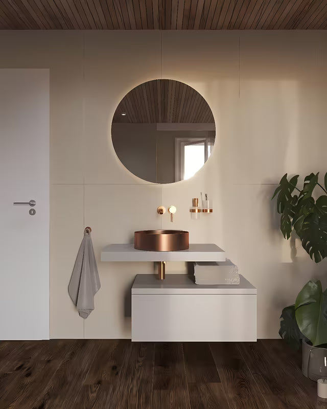 Okrągłe umywalka nablatowa  SAT Aurum 38 cm w kolorze szczotkowanym rose gold, z cienkimi ściankami