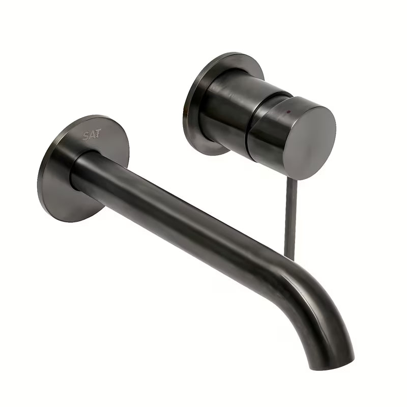 Podtynkowa jednouchwytowa bateria umywalkowa SAT Aurum w wykończeniu szczotkowany gun metal o okrągłym wzornictwie.
