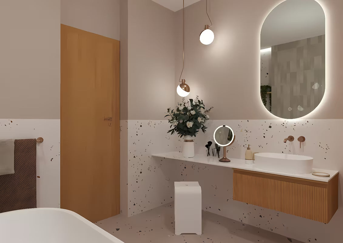 Podtynkowa bateria umywalkowa SAT Aurum w wykończeniu rose gold brushed o okrągłym wzornictwie.