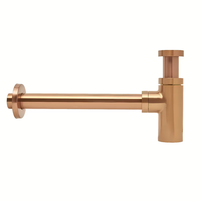 Mosiężny syfon umywalkowy SAT Aurum w kolorze rose gold, o okrągłym kształcie i średnicy 32 mm.