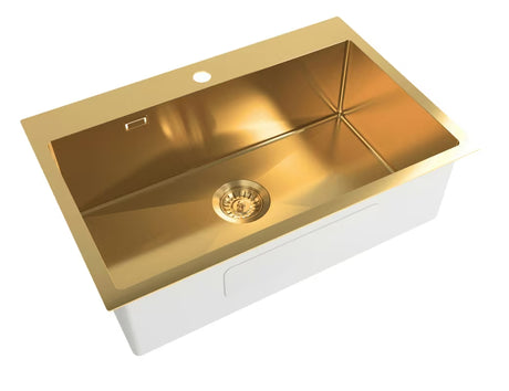 Kuchenny zlewozmywak jednokomorowy SAT Aurum w wykończeniu gold ze szczotkowanej stali nierdzewnej pro montaż na blat roboczy.