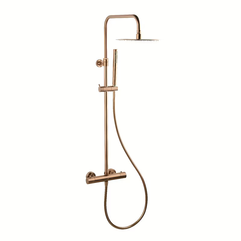 System prysznicowy SAT Aurum z baterią termostatyczną w wykończeniu rose gold brushed z deszczownicą i słuchawką prysznicową.