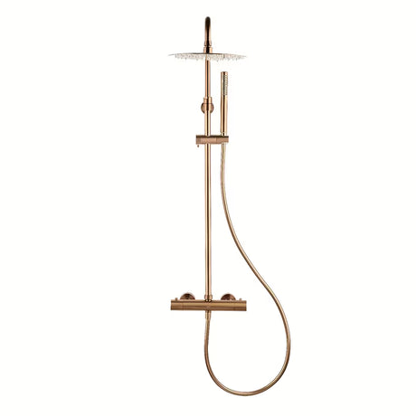 System prysznicowy SAT Aurum z baterią termostatyczną w wykończeniu rose gold brushed z deszczownicą i słuchawką prysznicową.