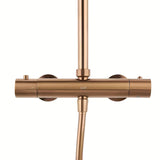 System prysznicowy SAT Aurum z baterią termostatyczną w wykończeniu rose gold brushed z deszczownicą i słuchawką prysznicową.