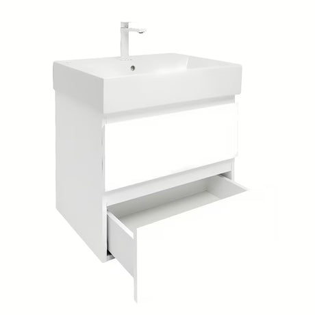 Wisząca szafka łazienkowa SAT B-Way 1 z ceramiczną umywalką w białym połysku 59x50x45 cm.