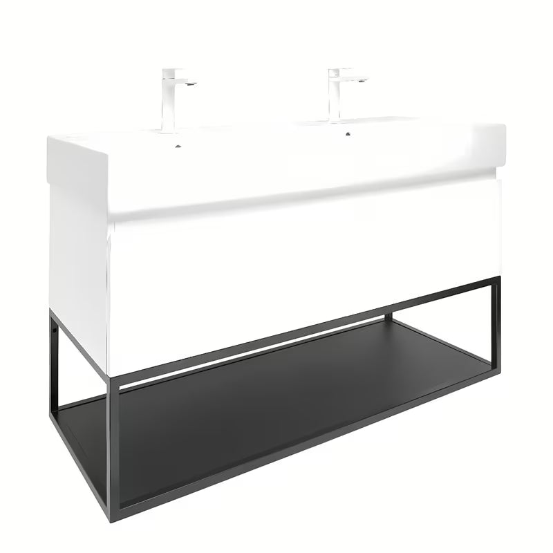 Wisząca szafka SAT B-Way s z umywalką podwójną w białym połysku 119x45x30 cm