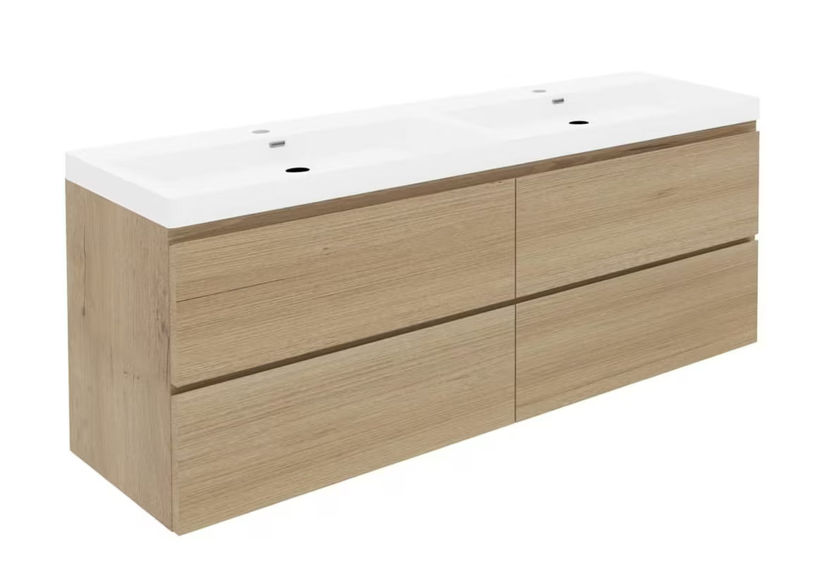 Wisząca szafka łazienkowa z umywalką ceramiczną SAT B-Way w dekorze dębu, 4 szuflady