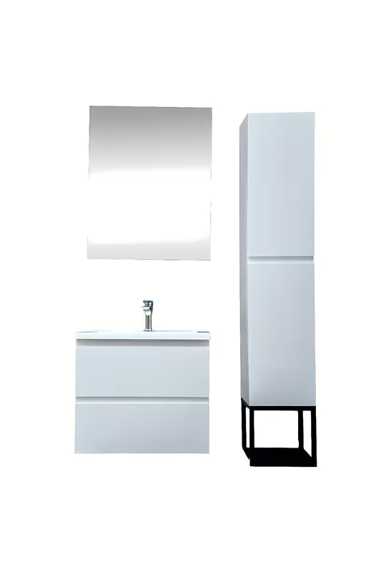 Zestaw mebli Łazienkowych SAT B-Way w białym połysku z szafką, umywalką, wysoką szafką i szafką lustrzaną