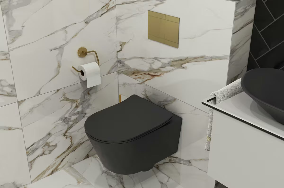 Czarno-matowy miska WC wisząca SAT Brevis z ukrytym mocowaniem i deską soft Close