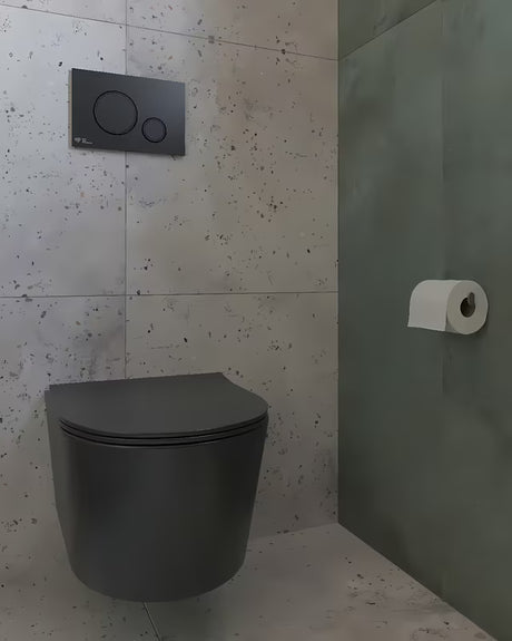 Czarna miska WC wisząca SAT Brevis z ukrytym montażem i deską wolnoopadającą