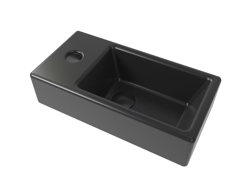 Wiszące mała umywalka SAT Brevis 40,5x20,5 cm w matowej czerni z lewym otworem na pro baterię.