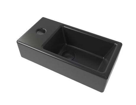 Wiszące mała umywalka SAT Brevis 40,5x20,5 cm w matowej czerni z lewym otworem na pro baterię.