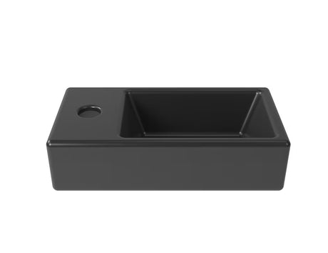 Wiszące mała umywalka SAT Brevis 40,5x20,5 cm w matowej czerni z lewym otworem na pro baterię.