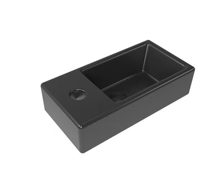 Wiszące mała umywalka SAT Brevis 40,5x20,5 cm w matowej czerni z lewym otworem na pro baterię.