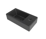 Wiszące ceramiczne mała umywalka SAT Brevis 40,5x20,5 cm w matowej czerni z otworem na pro baterię po prawej stronie.