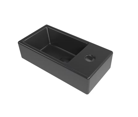 Wiszące ceramiczne mała umywalka SAT Brevis 40,5x20,5 cm w matowej czerni z otworem na pro baterię po prawej stronie.