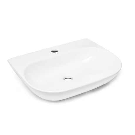 Biała wiszące ceramiczna umywalka SAT Brevis 50x38,5 cm bez przelewu z otworem pro na baterię.