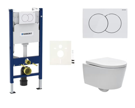 Zestaw WC podtynkowy SAT Brevis z modułem Geberit, miską Rimless i deską soft Close z białym przyciskiem Delta