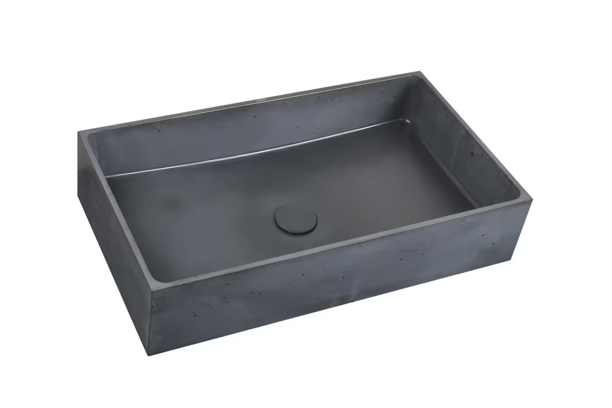 Antracytowa betonowa umywalka nablatowa  SAT Cemento o kwadratowym kształcie i cienkich ściankach