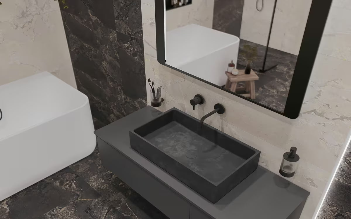 Antracytowa betonowa umywalka nablatowa  SAT Cemento o kwadratowym kształcie i cienkich ściankach