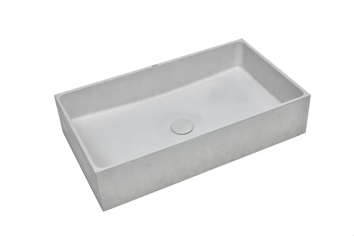 Szara betonowa umywalka nablatowa  SAT Cemento 64 x 37 cm o prostokątnym kształcie bez przelewu