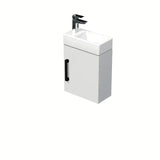 Wisząca szafka łazienkowa SAT Cube Way 1 z ceramiczną umywalką w białym połysku z czarnym uchwytem.