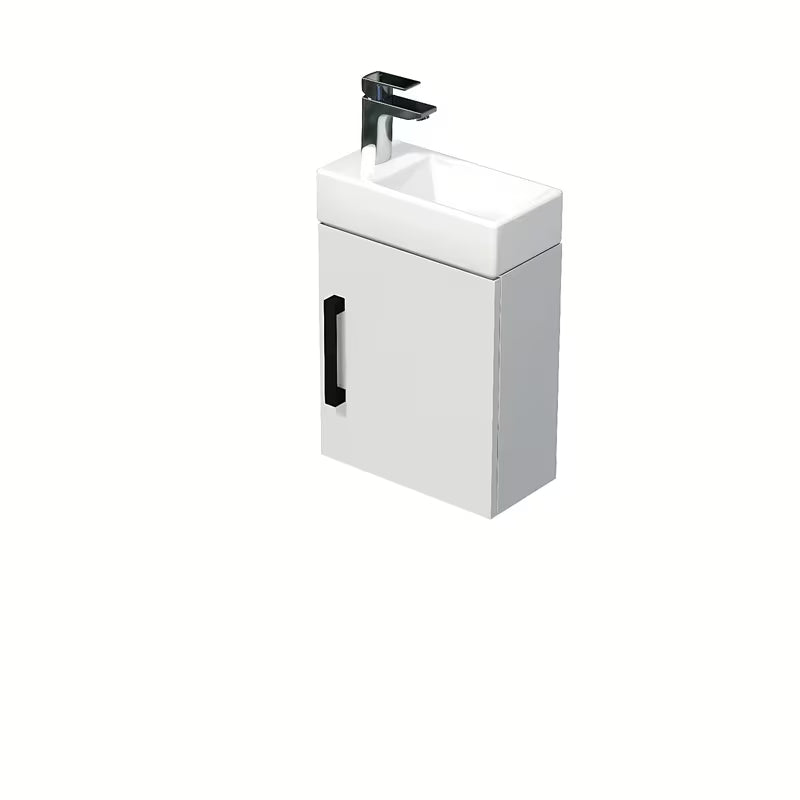 Wisząca szafka łazienkowa SAT Cube Way 1 z ceramiczną umywalką w białym połysku z czarnym uchwytem.