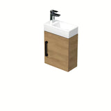 Wisząca szafka łazienkowa SAT Cube Way z ceramiczną umywalką w dekorze dąb hickory i z czarnym uchwytem.
