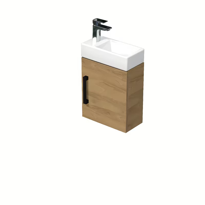 Wisząca szafka łazienkowa SAT Cube Way z ceramiczną umywalką w dekorze dąb hickory i z czarnym uchwytem.
