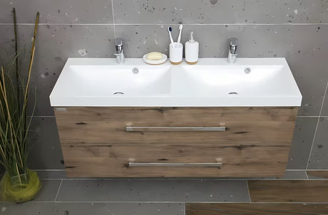 Wisząca szafka łazienkowa SAT Cube Way z podwójną umywalką w dekorze dąb wellington